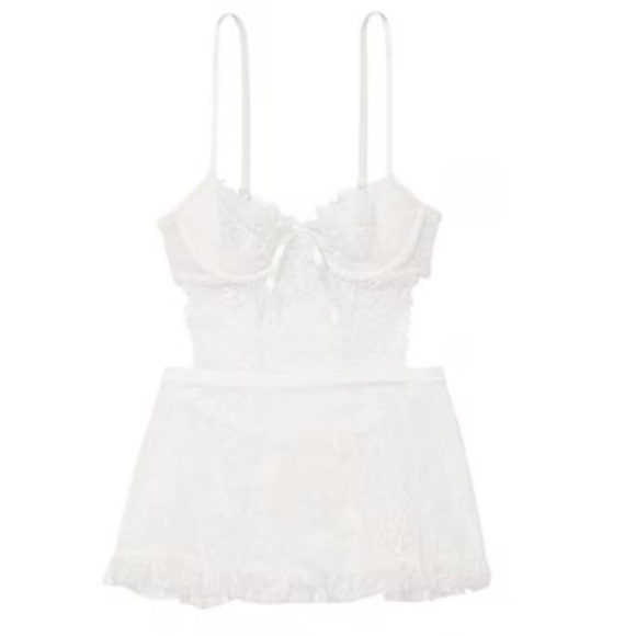 New! Victoria's Secret White Lace Apron Wicked Open Back Babydoll 4328 - Picture 1 of 6